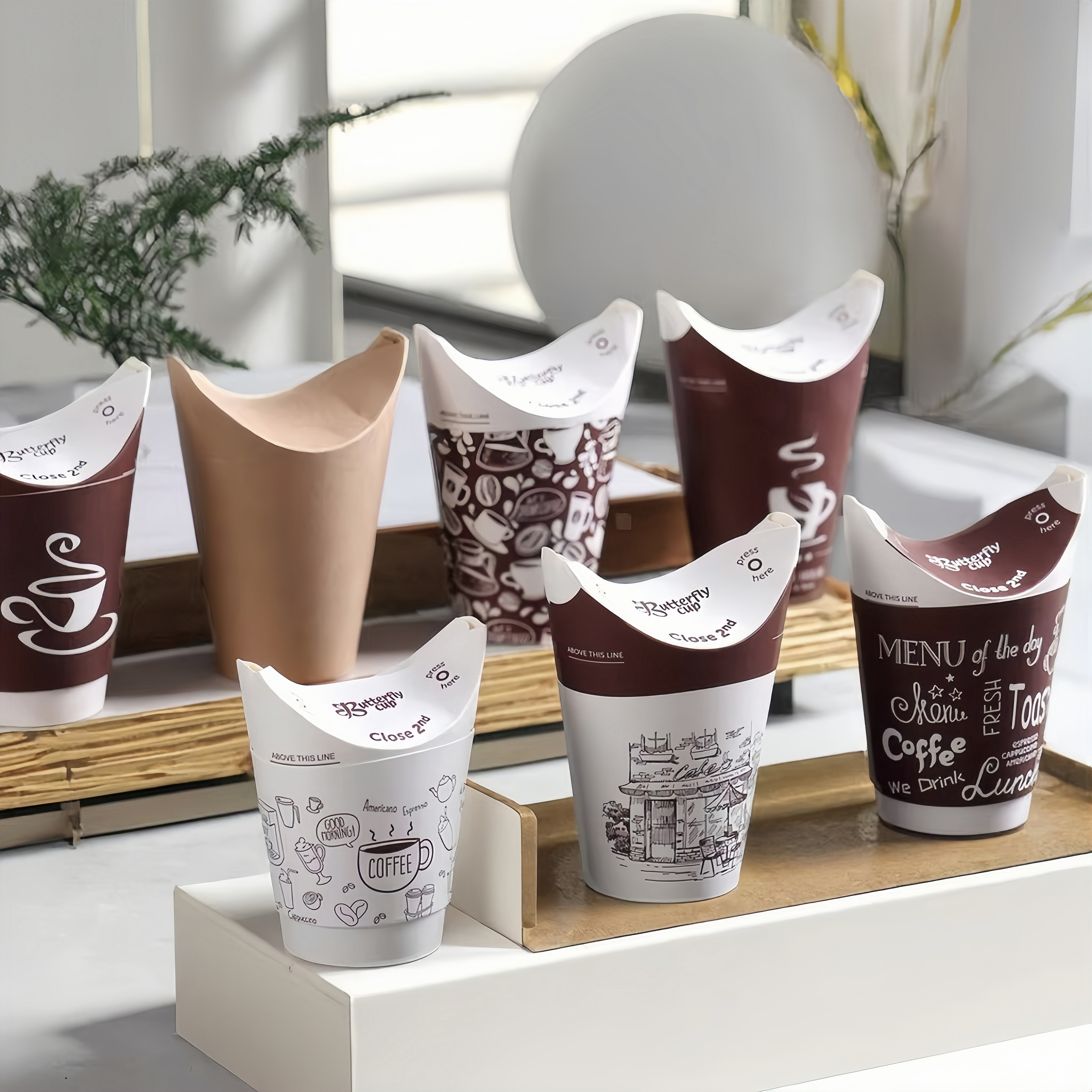 Disposable Butterfly Closure Paper Cups for Hot Cold Drinks